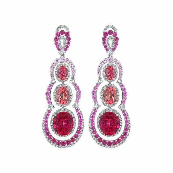 Graduated Halo Cluster Dangle Pink Tourmaline And Ruby Earrings - 1